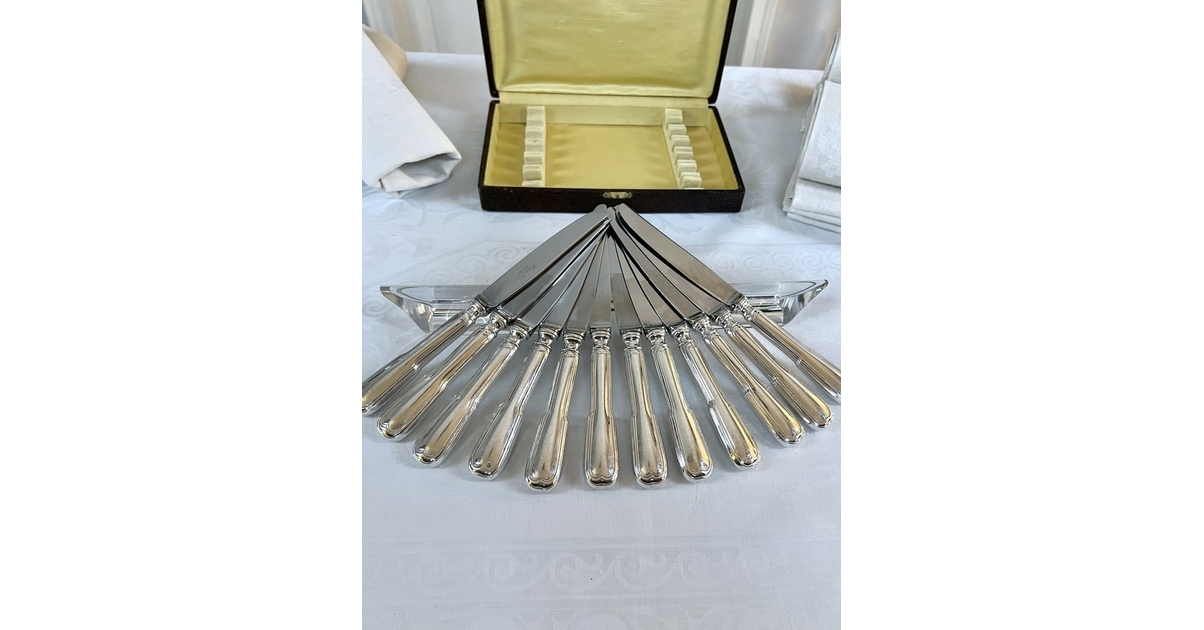 9 COUTEAUX ANCIENS entremet METAL ARGENTE LAME